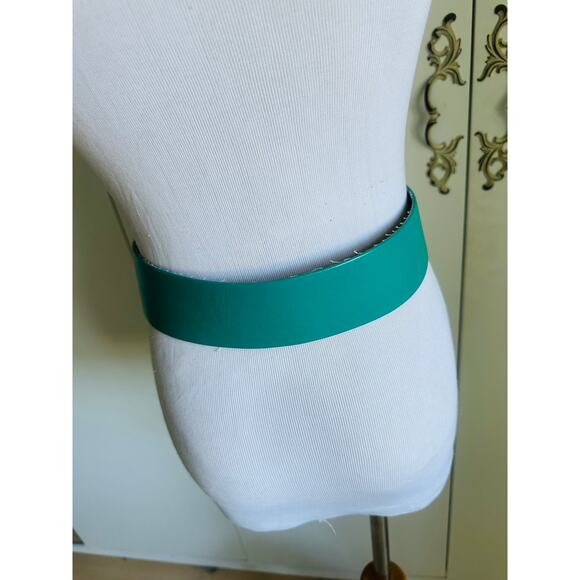 90s St John Leather/Enamel Belt Size 2/26 W Turquoise Gold Big Statement - Picture 9 of 10